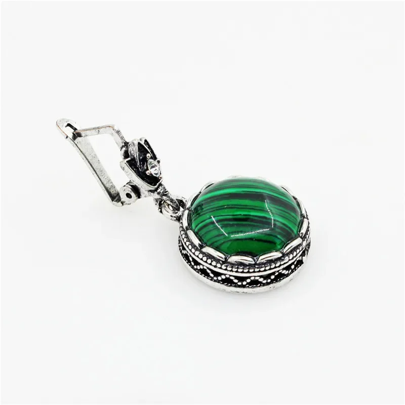 Round Synthetic Malachite Earrings For Women Antique Silver Plated Party Hollow Flower Pendant Fashion Jewelry