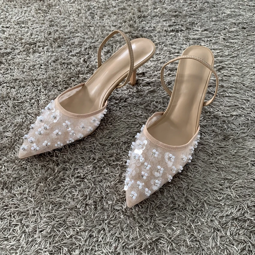 Perlenbesetzte Glitzer-Dekoration Netz-Pumps für Damen Sexy Spitze High Heels Elegante Hochzeits- und Partyschuhe