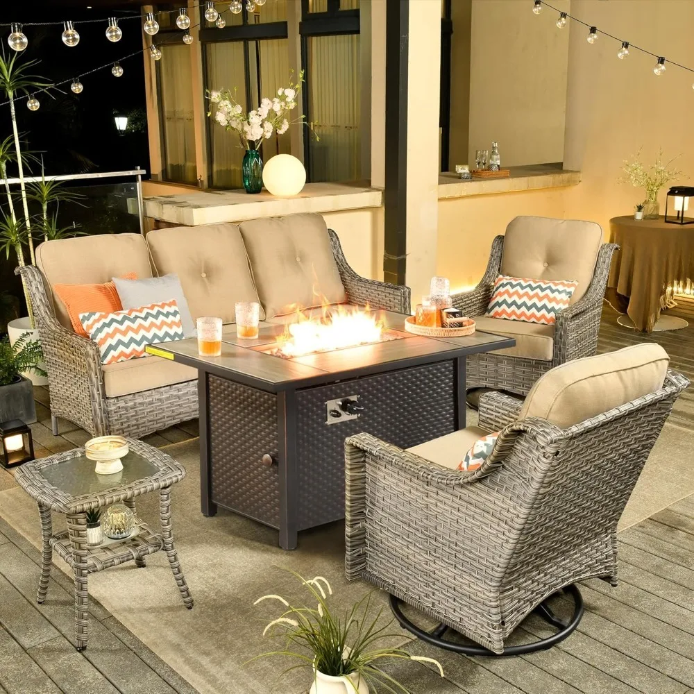 Outdoor Courtyard Furniture Set, Willow Sofa Set with Fire Pit Table and Swivel Rocking Chair, 5-Piece