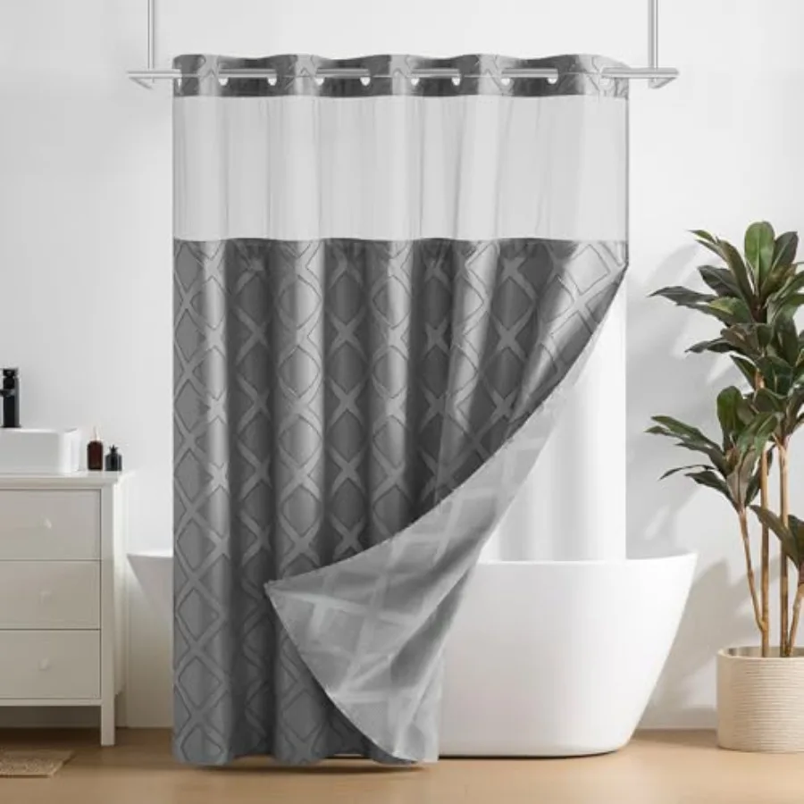 

Душевая штора без крючков с вставкой на защелках, из вафельной ткани, комплект для ванной комнаты, в гостиничном стиле, двухслойная, водонепроницаемая