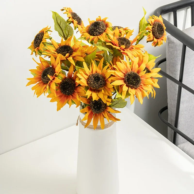 Autumn Sunflower Artificial Flowers Bouquet for Wedding Home Living Room Garden Balcony Decor 3 Heads Silk Fake Flower Branch