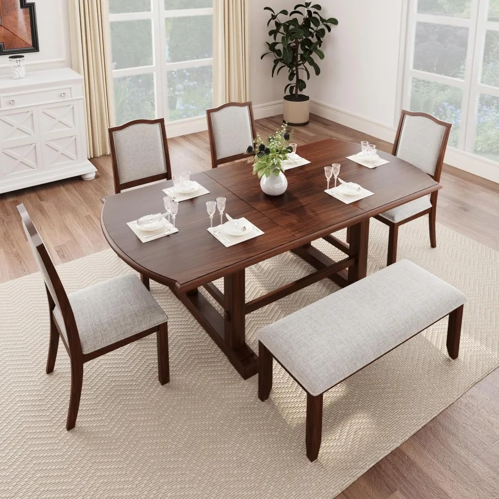 

6-Piece Dining Table Set, Extendable Wood Table with 18-inch Removable Leaf, 4 Upholstered Chairs and Bench, Dining Table Set