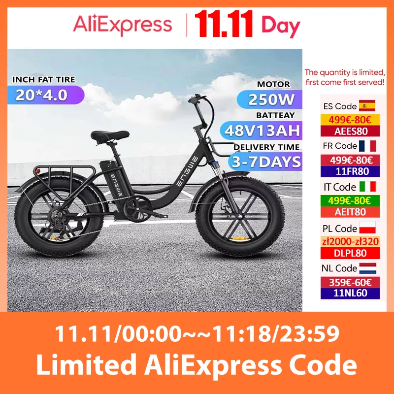 ENGWE L20 Electric Bicycle 250W Brushless Motor 48V13AH Lithium Battery Electric Bike 20*4.0 Inch Fat Tire City Commuter E-Bike