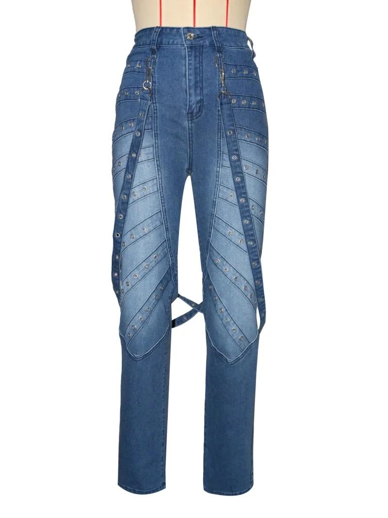 Damskie spodnie jeansowe streetwear hip-hop na jesień, z wysokim stanem, proste, codzienne spodnie dżinsowe, modne spodnie cargo, spodnie jeansowe.