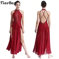 Vestido de baile lírico moderno para mujer, leotardo con diamantes de imitación, superposición de gasa, Maxi vestido largo dividido para actuación de gimnasia y Ballet