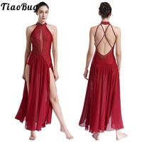 Women Modern Lyrical Dance Dress Rhinestone Leotard Overlay Chiffon Split Maxi Long Dress for Ballet Gymnastics Performance