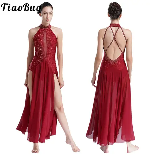 Vestido de baile lírico moderno para mujer, leotardo con diamantes de imitación, superposición de gasa, Maxi vestido largo dividido para actuación de gimnasia y Ballet