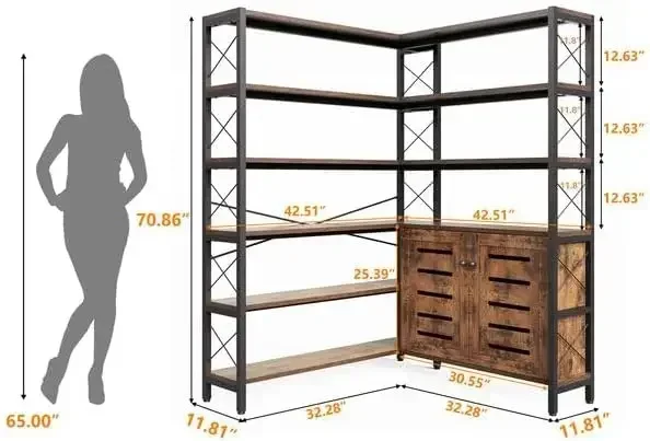 6-Shelf Corner Bookshelf, Corner Bookshelf Etagere Bookcase, Large Book Shelf with Metal Frame Open Storage Corner Cabinet