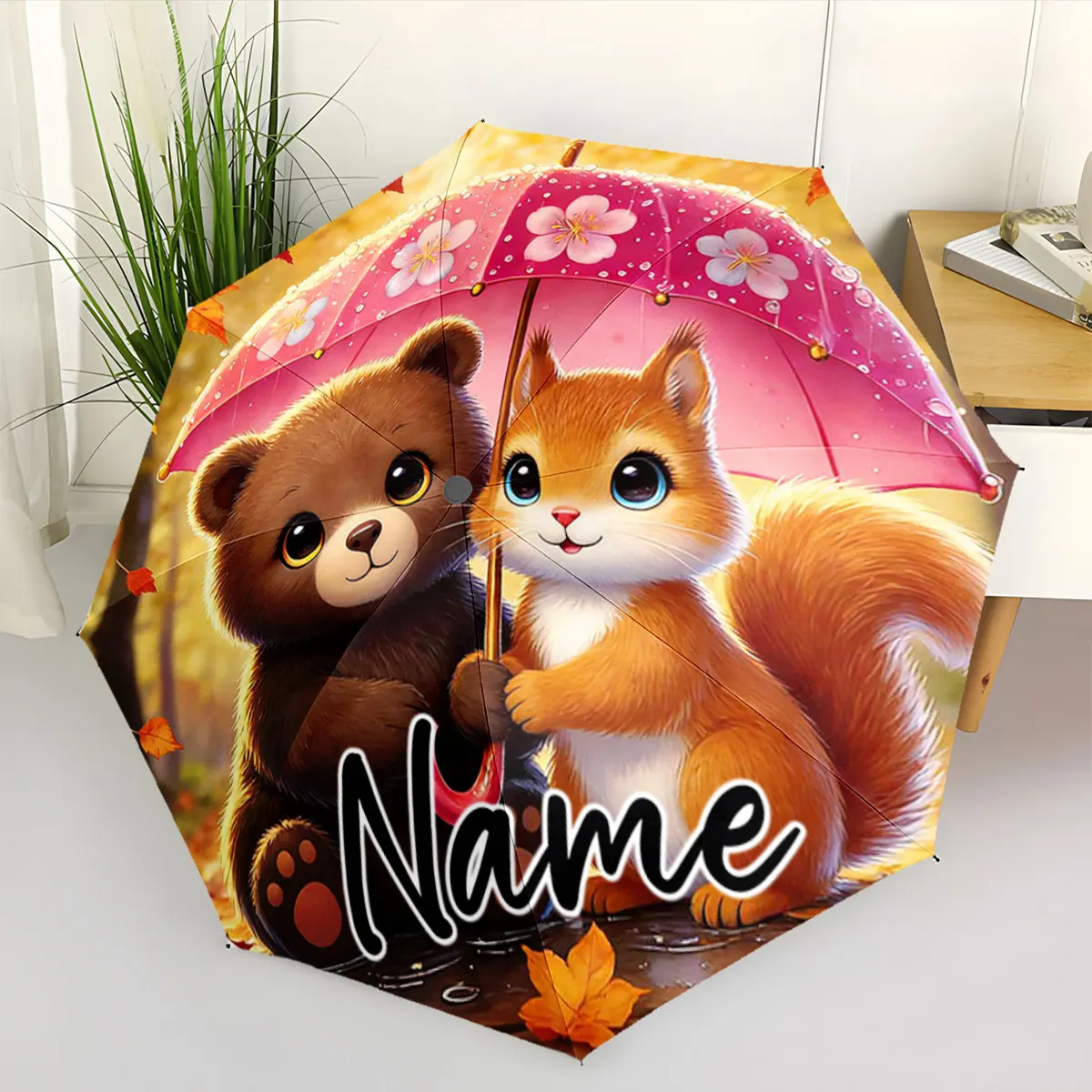 Custom Name Cute Bear and Squirrel Under a Colorful Umbrella Print 8 Iron Ribs Folding Umbrella Auto-Open Fashion Sunshade