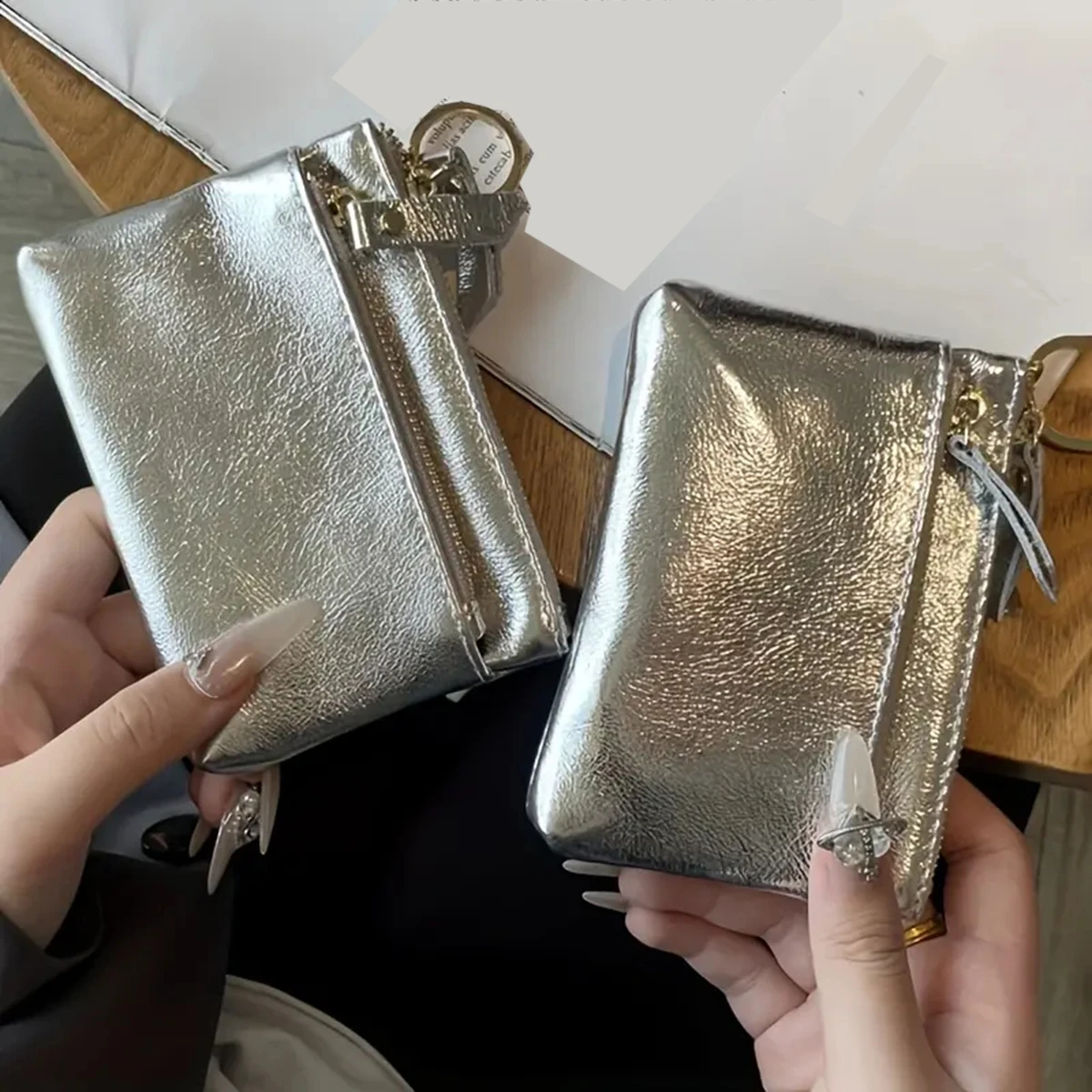 Silver zipper small wallet for women. Top layer cowhide mini pouch. Cracked texture key bag. Card holder. Coin purse. image 3