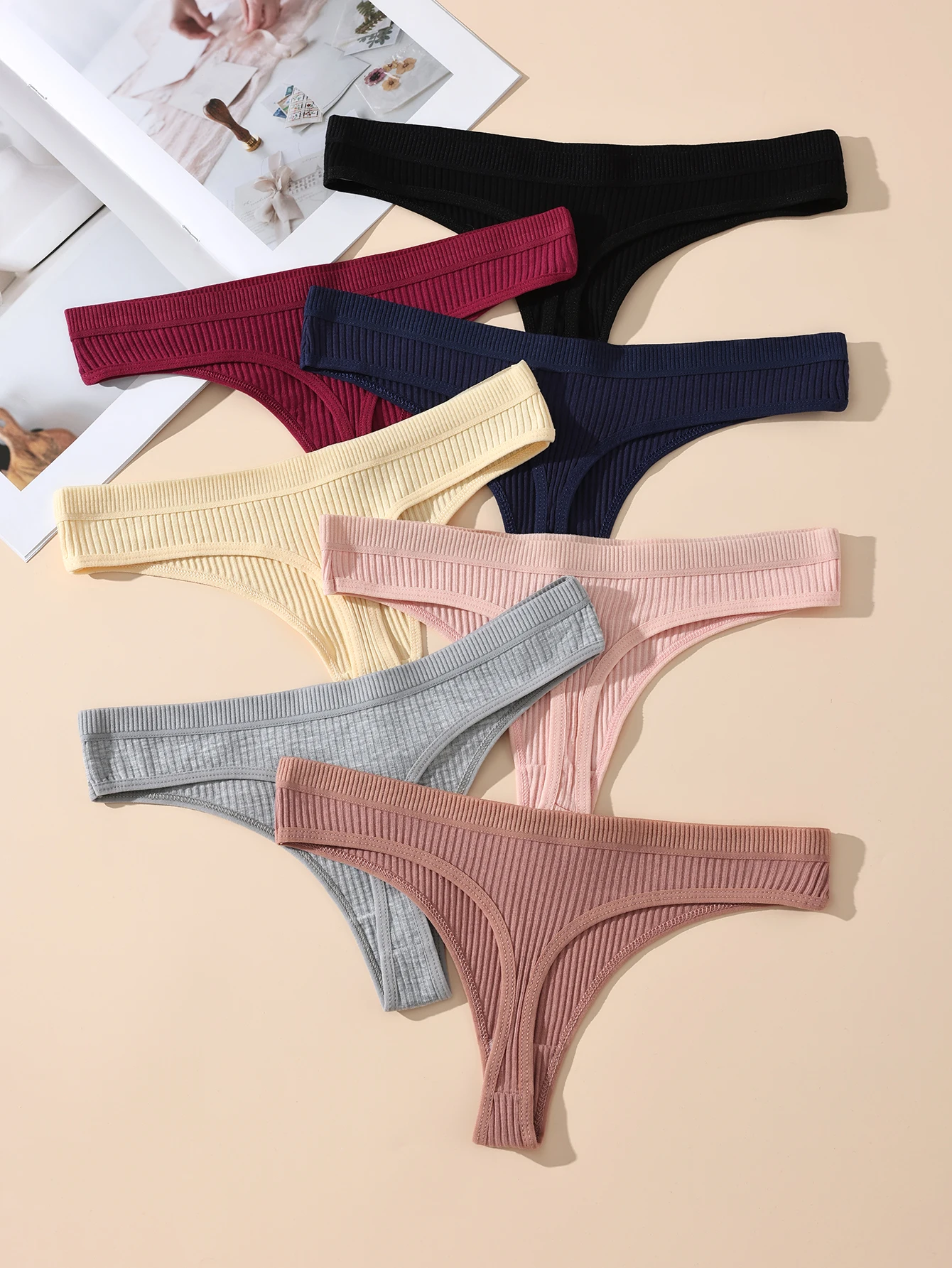 7Pcs Multi-Colored Low Waist Ribbed Thongs for Women – Comfortable Breathable Underwear