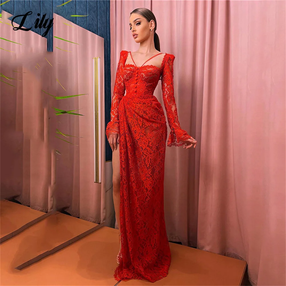 

Lily Red Lace Special Occasion Dress Side Split Mermaid Formal Gown Full Sleeves Button Long Evening Dress for Woman Customized