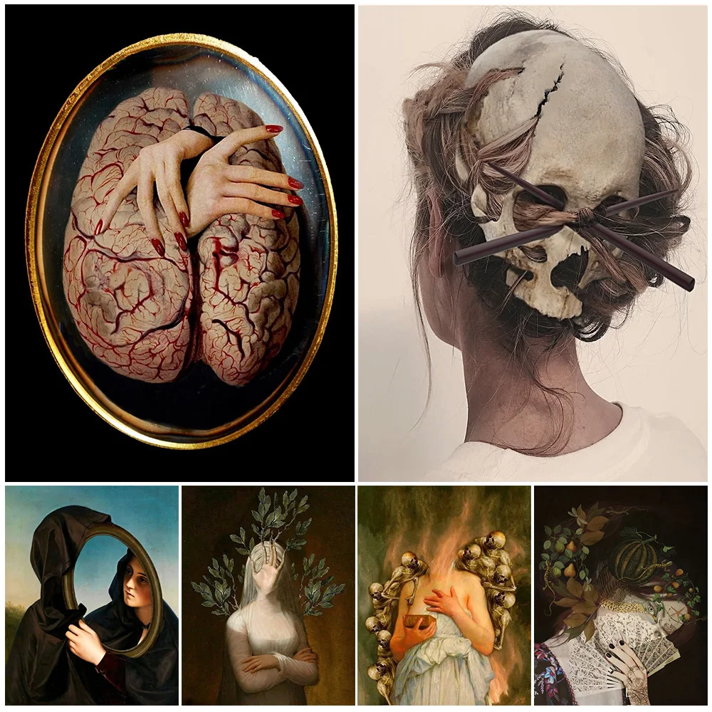 

Surreal Horror Fantasy Collage,Art Poster Print,Gothic Skull Pagan Witchcraft,Vintage Wall Art,Canvas Painting,Home Decoration