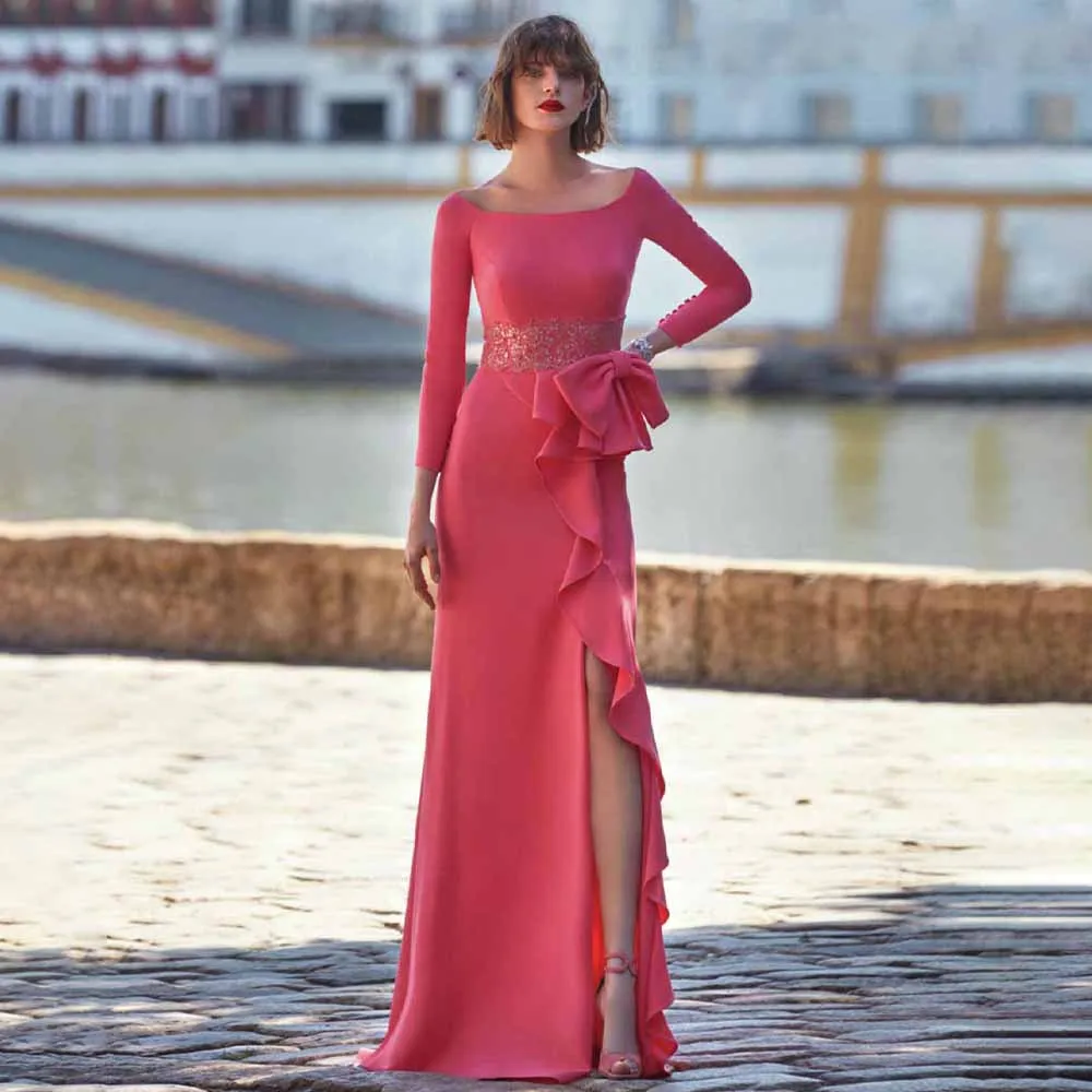 Peach Evening Dress 3/4 Sleeves Side Slit Ruffle Trumpet/Mermaid Evening Gowns for Women 2024 Scoop Bow Applique Prom Dresses