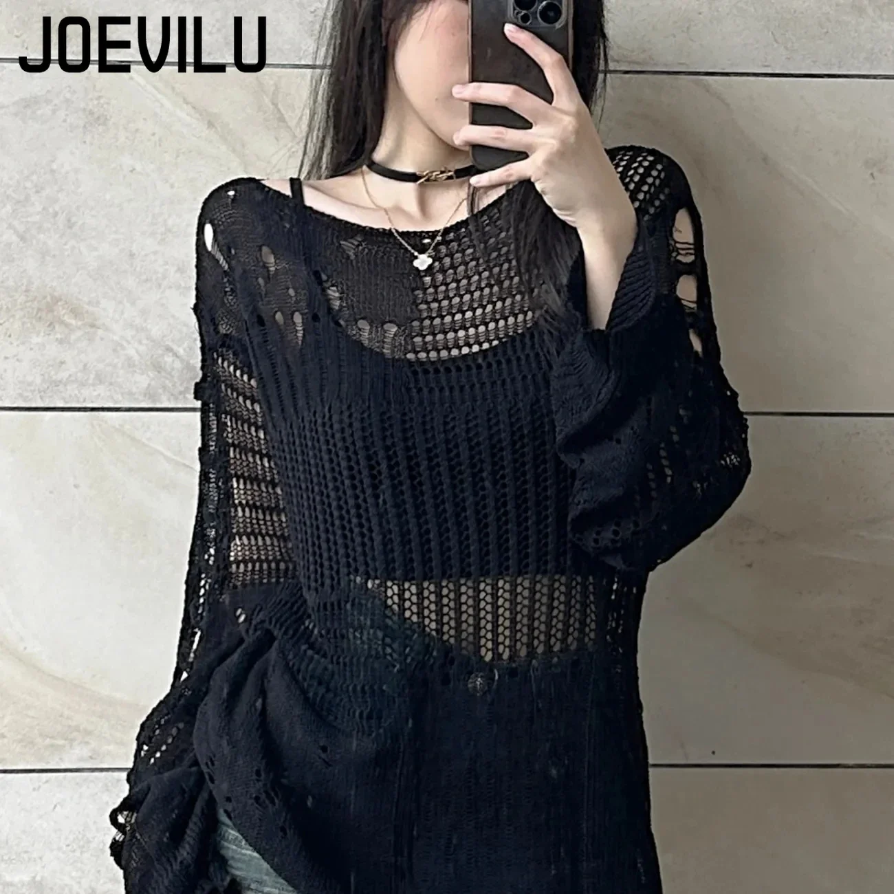 JOEVILU Hollow Knit Blouse Summer Loose Fitting Long Sleeve Thin Sweater Women's Korean Casual Tops Black Vintage Gothic Blouses