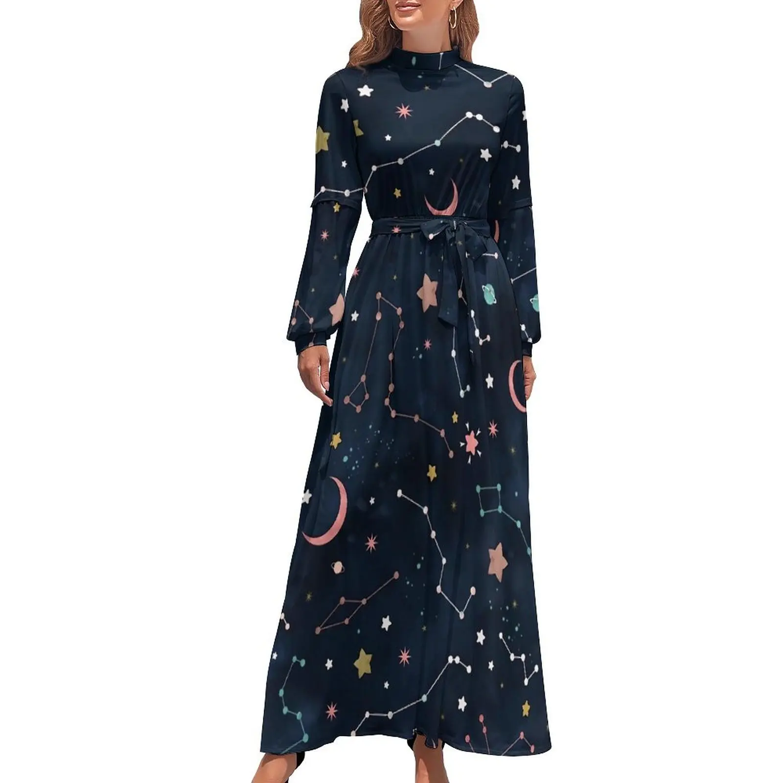 

Starry Night Sky Dress High Neck Magical Galaxy Graphic Beach Dresses Long Sleeve Street Style Long Maxi Dress Sexy Clothes