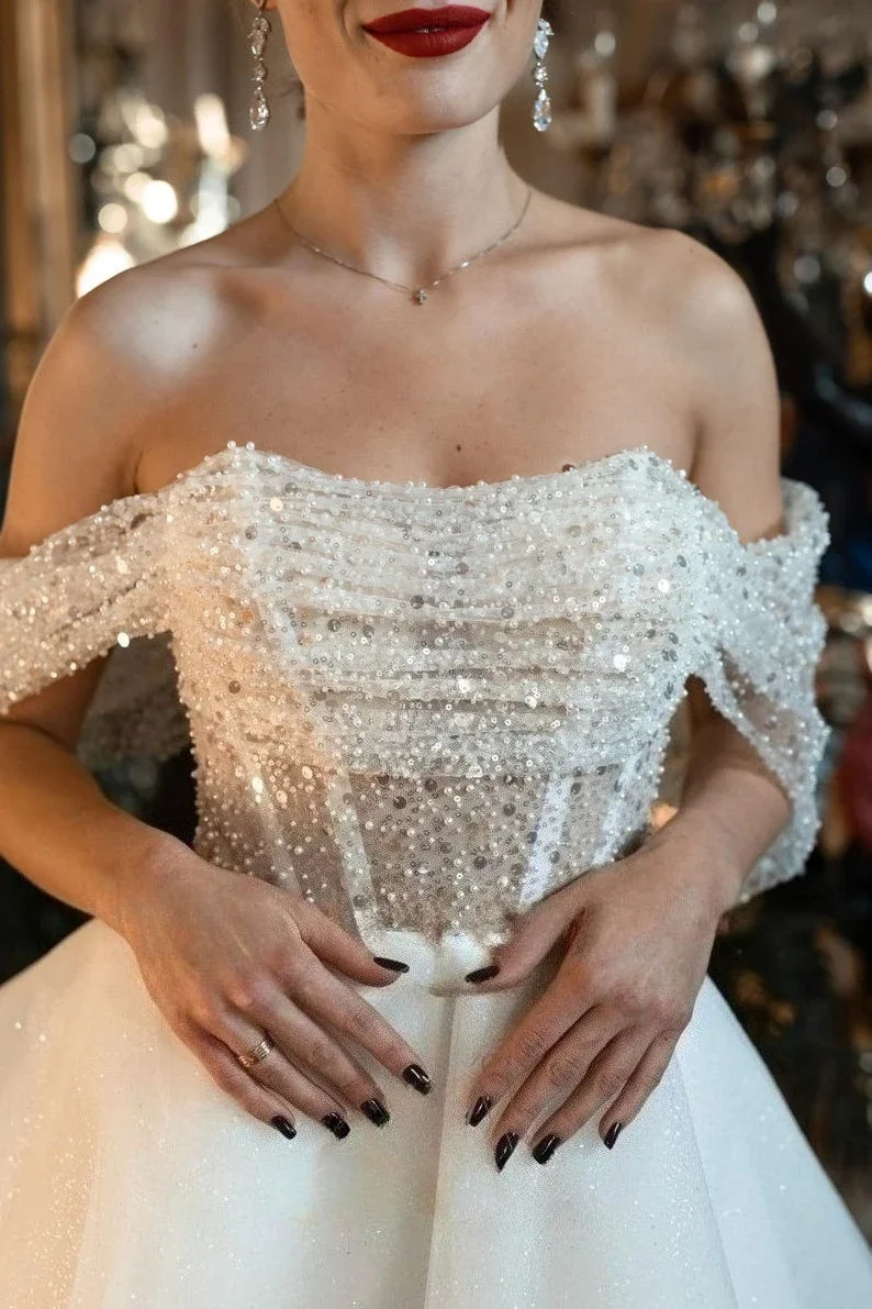 Corset Sparkly Off The Shoulders Wedding Dresses Gliter Dress Bridal White Simple Wedding Dress Elopement Short Wedding Dress