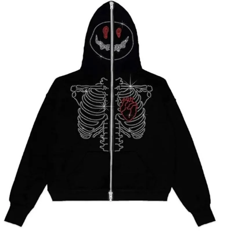 High quality new fashion women\'s new ladies street hoodie skull rhinestone zipper hooded sweatshirt winter clothes women