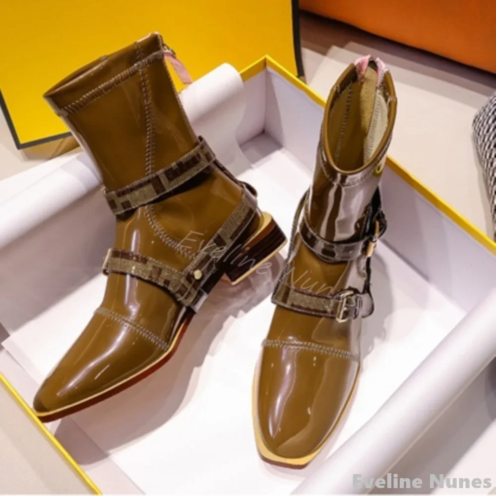 

Ботинки женские из лакированной кожи, Ретро стиль, пряжка, квадратный каблук, квадратная платформа, байкерские полусапожки на молнии сбоку, коричневые