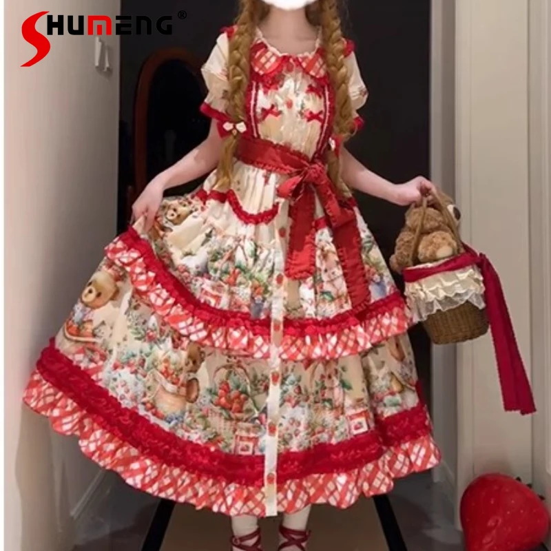 

Sweet Bear Strawberry Print Y2k Long Dress Op Girls Kawaii Cute Lolita Dresses Apron Set Mori Girls Cla Princess Tea Party Dress