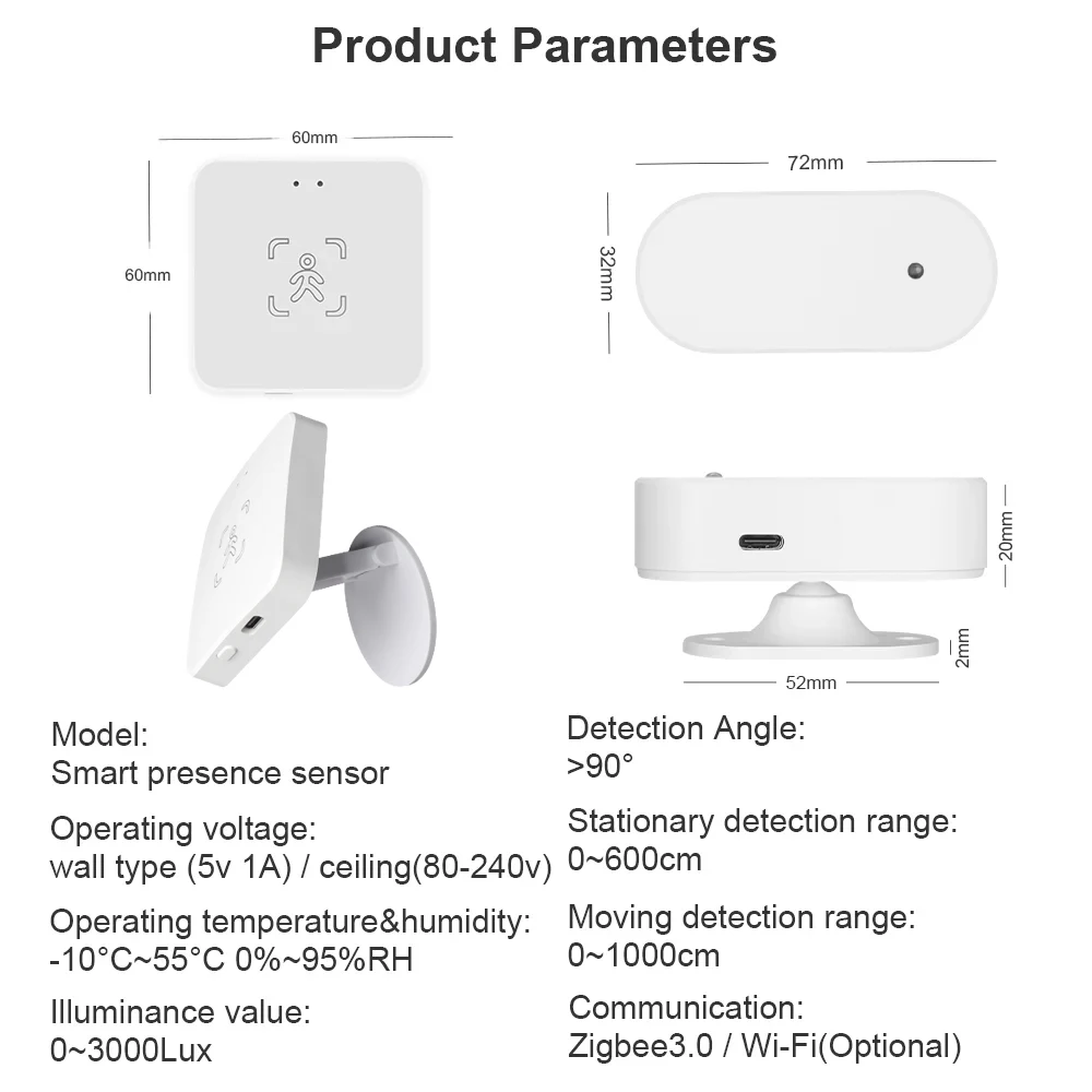 Tuya WiFi/Zigbee Human Presence Detector 5.8G 24G Radar Distance Detection Smart Human Body Sensor Support Z2mqtt Home Assistant