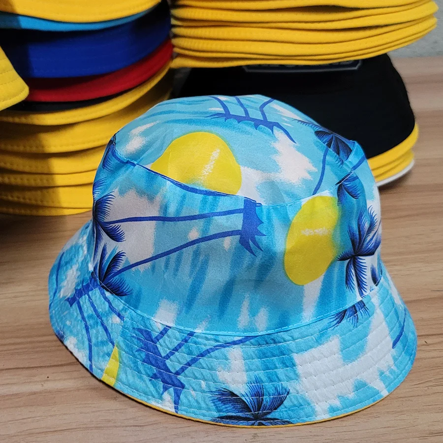 Custom logo text Palm tree reversible Men Bucket Hats Women reversible Outdoor Summer Fisherman Caps Fishing Hat beach