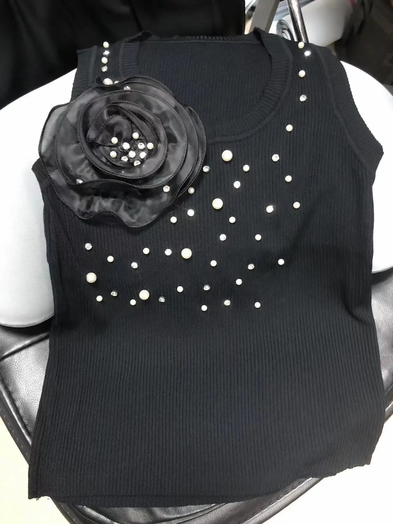 Real Photos 3D Flowers Pearls Diamonds Beaded Tank Top For Women Knitted Camisole Summer 2024 Elastic Top Youthful Woman Clothes