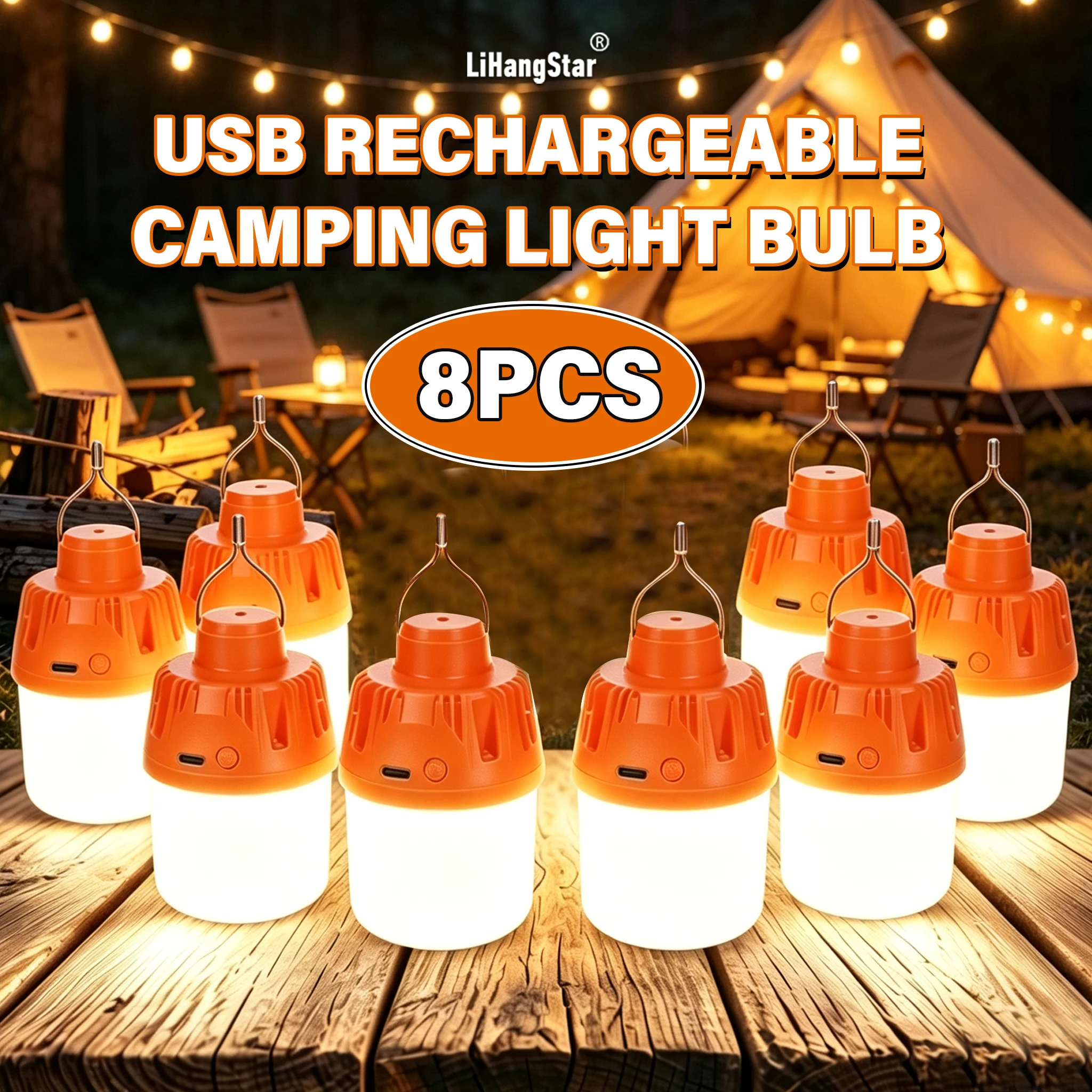 LiHangStar 8-teiliges USB-aufladbares Camping-Licht-Set, tragbares Arbeitslicht, Hängelaterne mit Haken, tragbares weißes Zeltlicht mit 3-stufiger Dimmung, Outdoor-Camping-Notfall-LED-Licht – perfekt