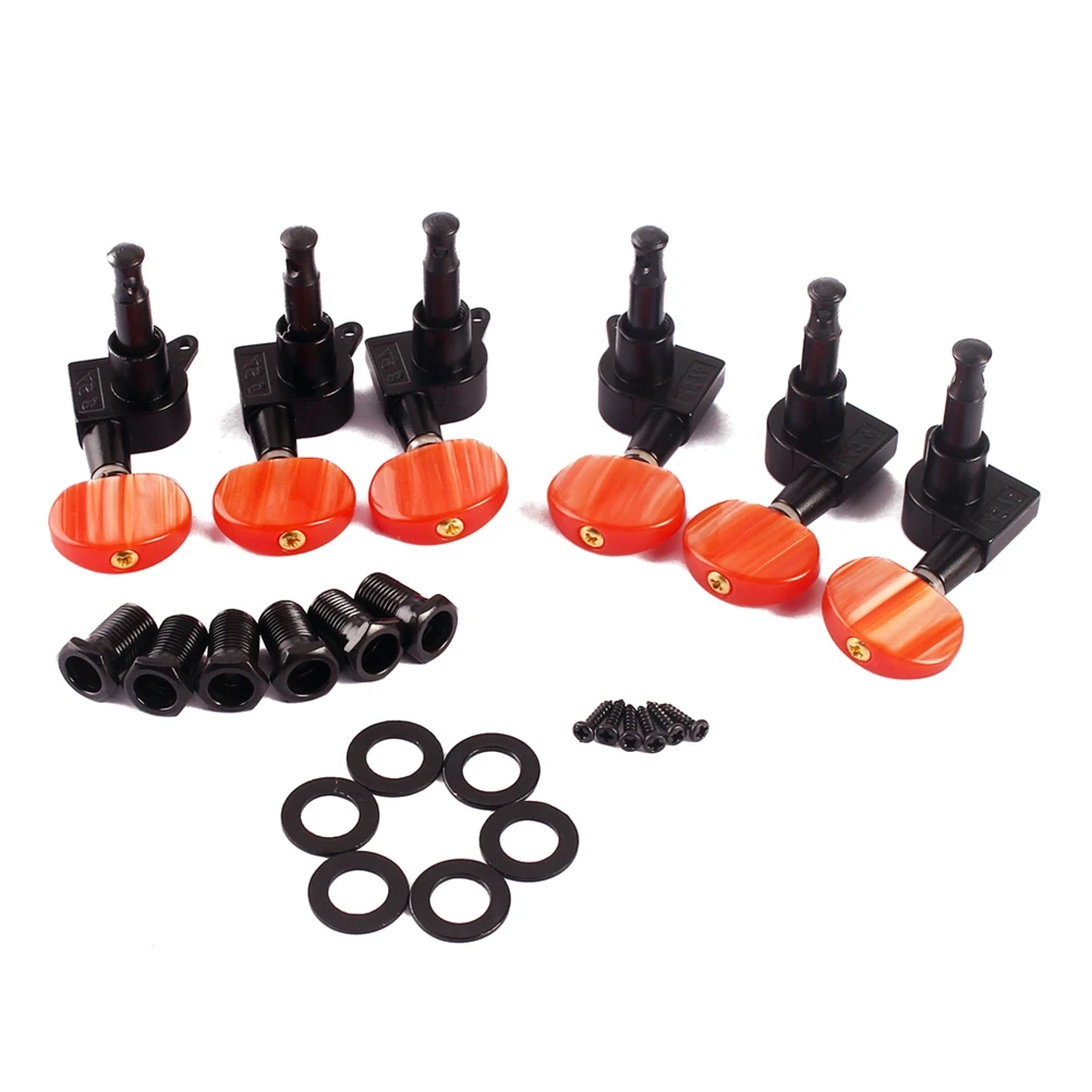

6 pcs Electric Tuning Pegs Sealed Machine Heads 3L Red Acrylic Button Black Metal Body For Acoustic Guitar Replacement Tuning