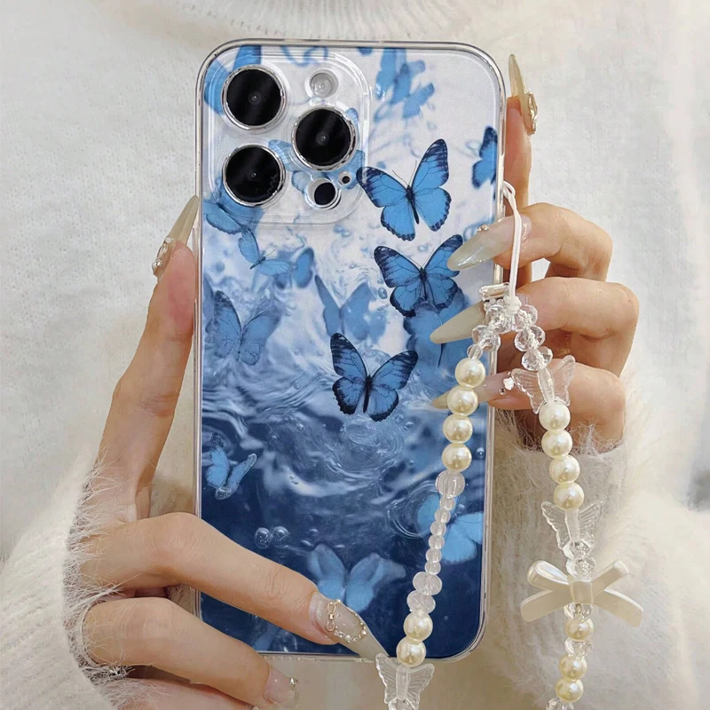 Butterfly Ocean Wave Clear Soft Case For Samusng Galaxy S25 S24 Ultra S22 S23 Plus S21 FE A16 A54 A35 A14 A33 Bow Lanyard Cover