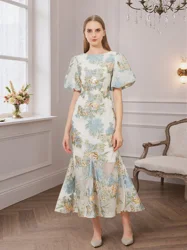 DEVCHATA Elegant Floral Organza Fishtail Long Dress Maxi Luxury Mermaid Evening Dress Puff Sleeve Fashion Slim Party Club Dress