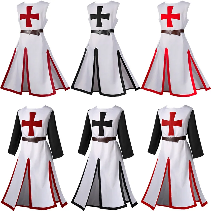 Medieval Cosplay Robes Costume Templar Knight Crusader Surcoat Long Short Sleeve Mens Tops Cross Tabard Belt Warriors Vest Coat