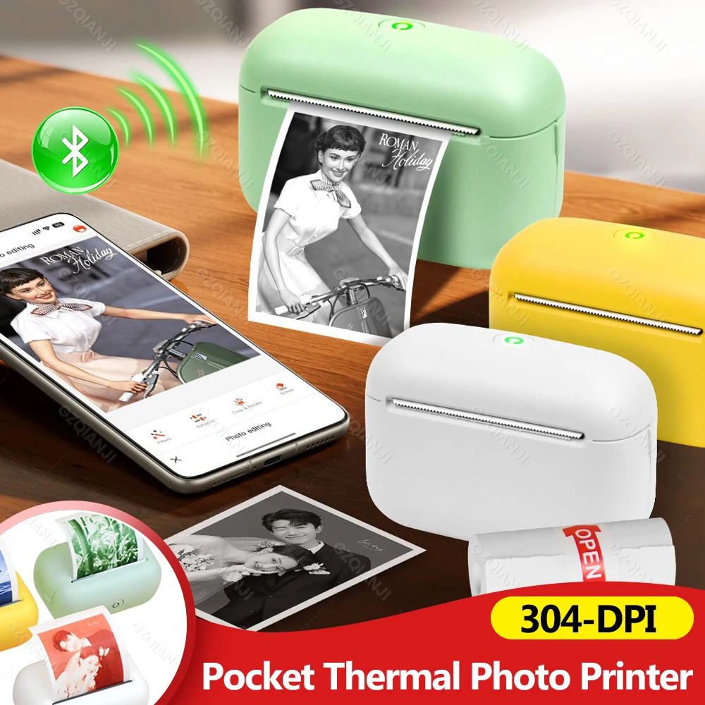 304DPI Pocket Thermal Printer Bluetooth Portable Photo Printer Wireless iOS Android Printing or 57mm White Color Paper Sticker