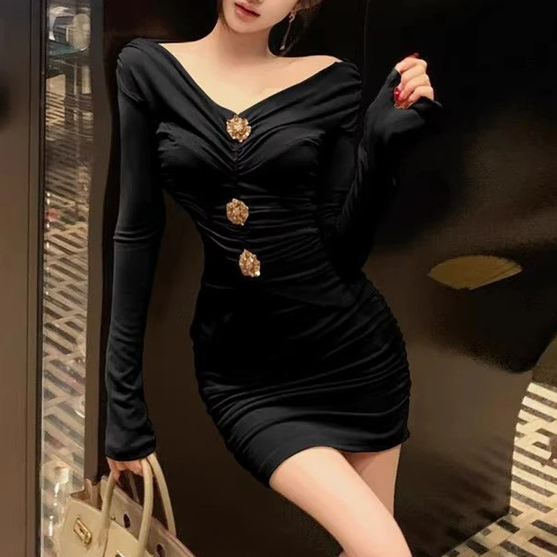 Sexy V-ausschnitt Off Schulter Geraffte Bodycon Party Kleider für Frauen Y2K Solide Hohe Taille Langarm Club Fee Mini Kleid Vestidos