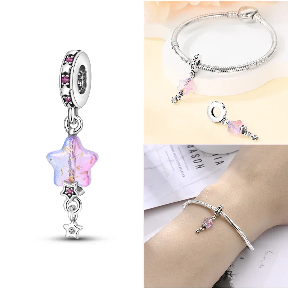 Original 925 Silver Pink Charms Shell Butterfly Doll Clock Travel Bag Zircon Beads Fit Bracelet Sweet Jewelry Gifts for Women