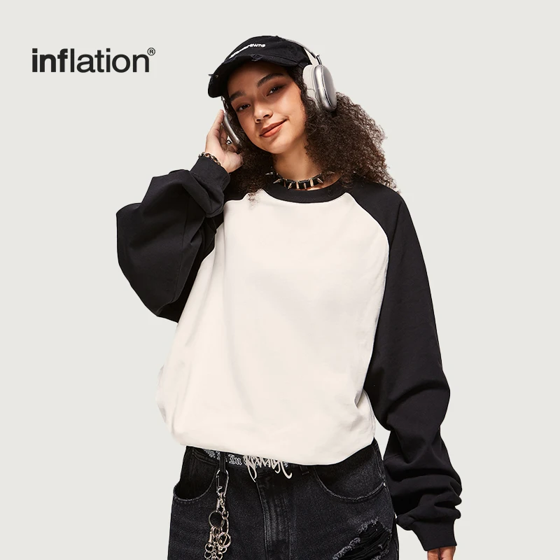 INFLATION Heavyweight Raglan Sleeve Long Sleeve T-shirts Men Minimalism Oversized Cotton Colorblock Unisex Tees