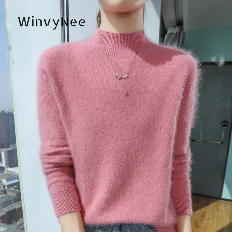 WinvyNee Women Knit Sweater Mink Cashmere Mock Neck Plush Brushed Fabric Versatile Elegant Commute Layer Outfit Cozy ZA1248014