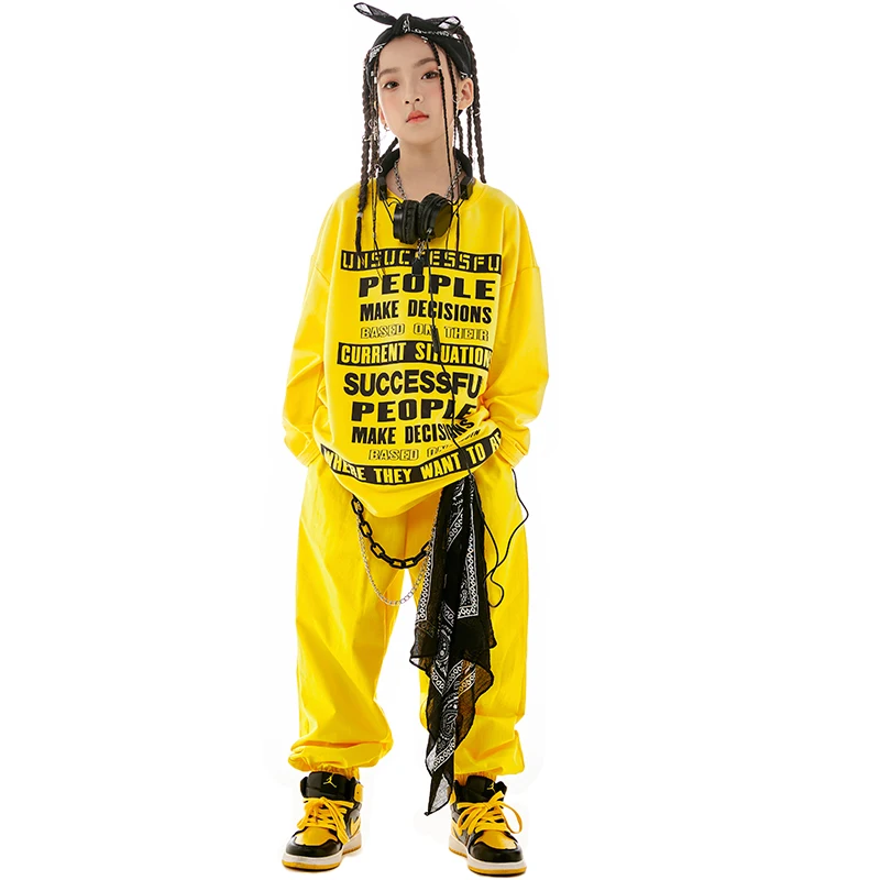 Bambini giallo a maniche lunghe pantaloni larghi vestito per ragazze Jazz abiti da ballo ragazzi moderni Hip Hop Performance Stage Wear DN16114