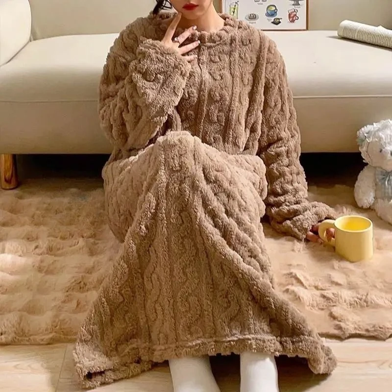 

Korea Winter Pajamas for Women Thickened Flannel Long Sleeve Solid Striped Loungewear Homewear Sleepwear Plus Size Nightwear