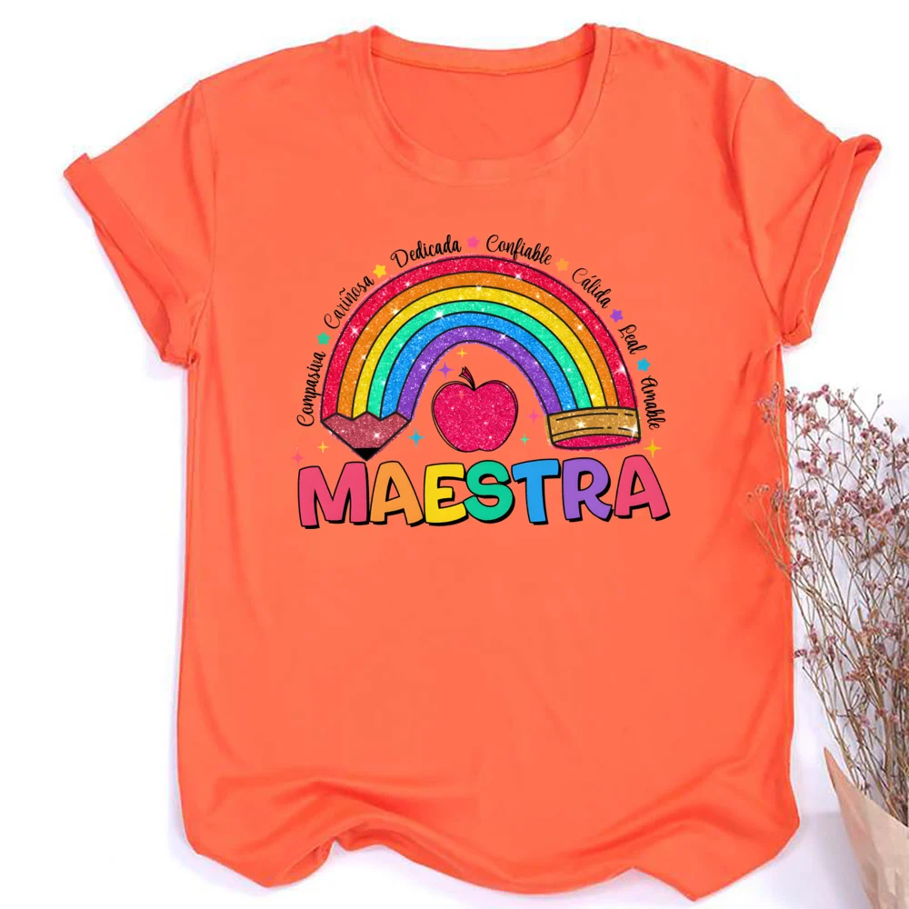 Camiseta com estampa MAESTRA e arco-íris feminina, blusa com gola redonda, manga curta, camiseta confortável, blusa casual, presente para professor, moda