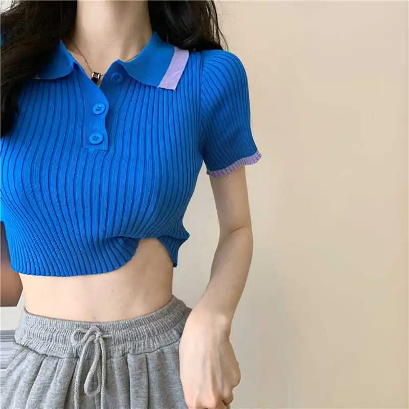 Patchwork Short Sleeves Knitted T-shirt Polo Neck Y2k Clothing Crop Tops Women Pullover Slim Skinny Neckline Streetwear Mujer