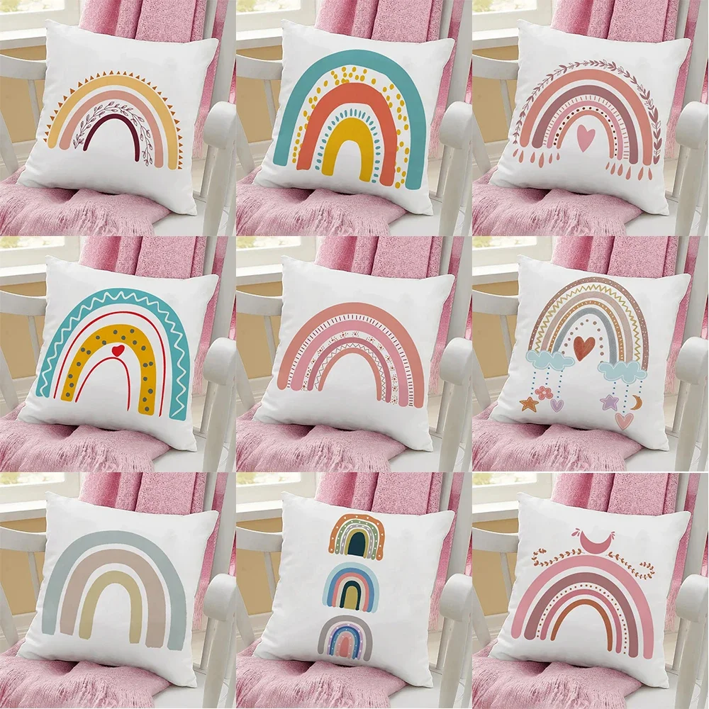 

Home Decor Colorful Rainbow Print Cushion Cover White Cushion Cover Living Room Sofa Rainbow Throw Pillow Cover