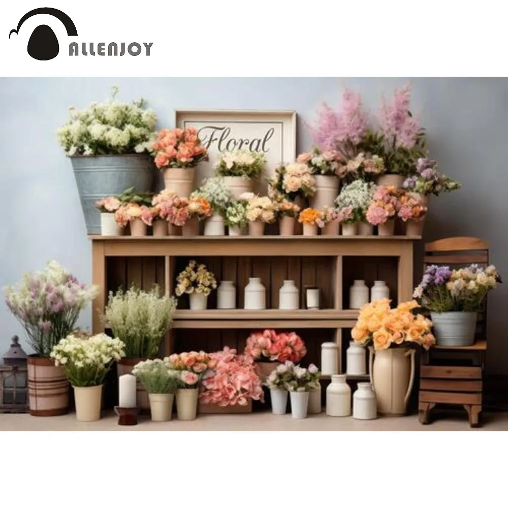 Allenjoy Wooden Flower Shelf Photography Backdrop Vintage Floral Cabinet Vases Pots Photoshoot Background