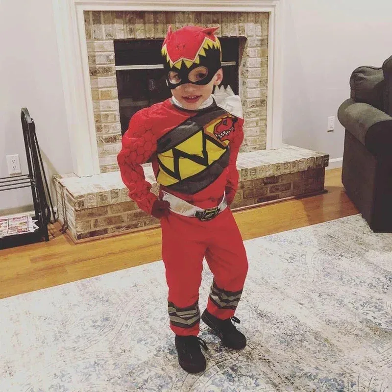 Dinosaur Team Red Power Dino Charge Ranger Superhero Muscle Jumpsuits Suits Cosplay Halloween Costume for Kids Child Headgear