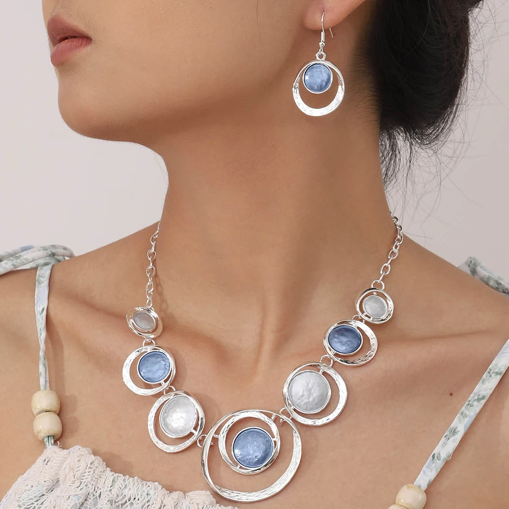 Mode Tropf Öl Geometrische Schmuck Sets für Frauen Zubehör Neue Trendy Silber Farbe Halskette und Ohrringe Set Party Prom Geschenk