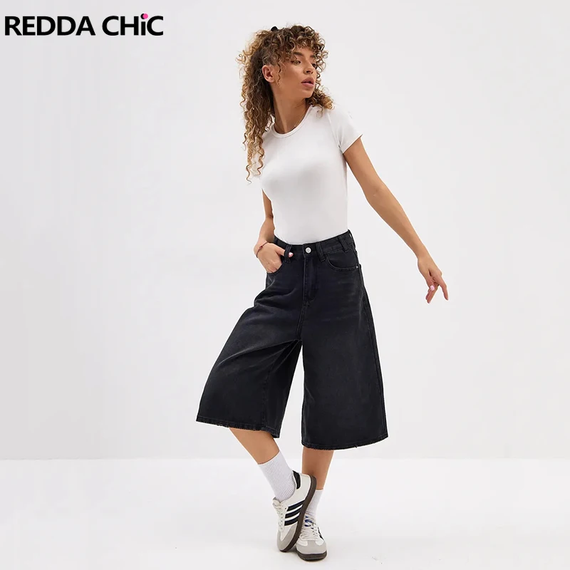 

REDDACHiC Solid Black Boyfriend Jean Shorts Women Jorts Retro Whiskers Low Waist Casual Wide Bermuda Pants Plus Size Streetwear