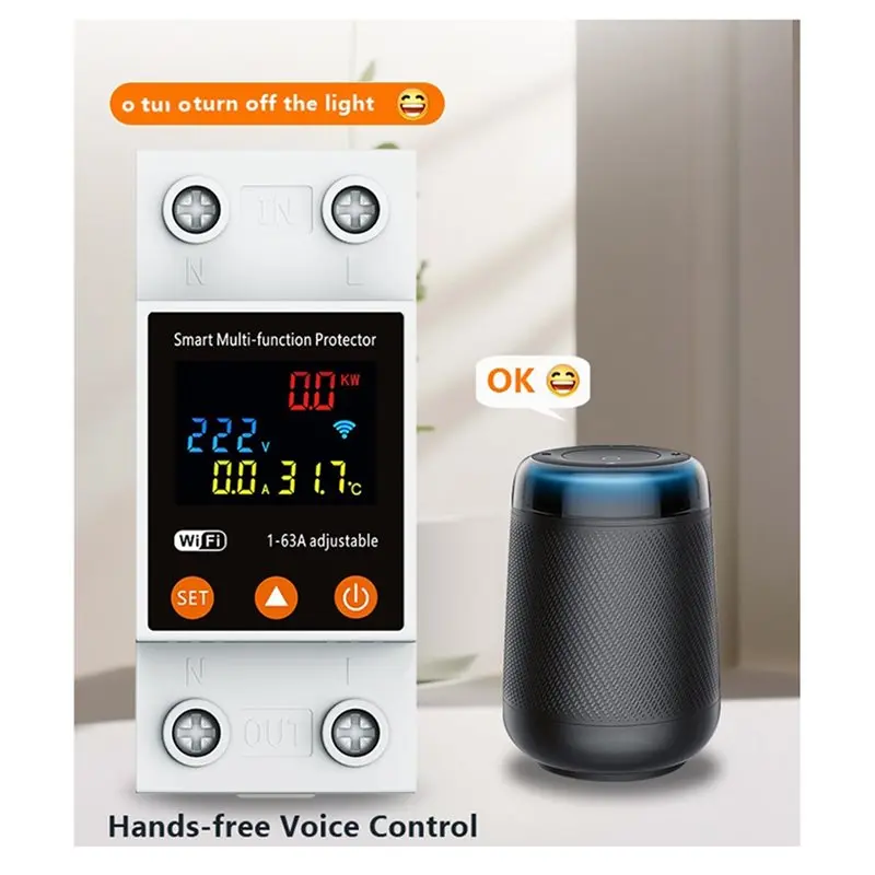 BAAJ-LED Display 2P 1-63A Tuya Wifi Smart Circuit Breaker Switch With Power Metering Via Smart Life For Alexa Home Control