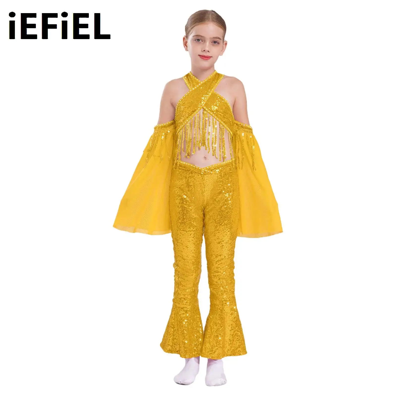 

Kids Girls Sequins Dance Sets Tassels Cross Crop Top with V-Front Waistline Rhinestone Adorned Zipper Flared Hem Pants for Jazz