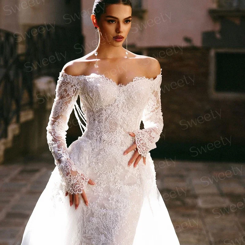 Anmutiges Brautkleid mit abnehmbarer Schleppe aus Organza mit Stickerei, Meerjungfrau-Ballkleid, U-Boot-Ausschnitt, volle Ärmel, maßgeschneidert, Vestido De Novia