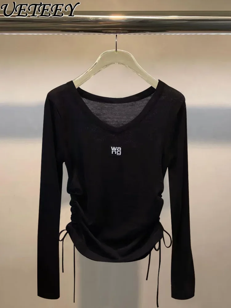 Niche Waist Fashion Spice Girl Long-sleeve T-shirt Top 2024 Autumn and Winter New V-neck Slim Black White Knitted T Shirt Tops